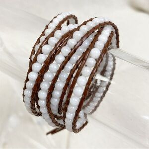 Brown leather white stone bead 5 wrap bracelet